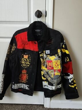 REASON NYC Red Yellow Graphic Sherpa-Collar Denim Jacket